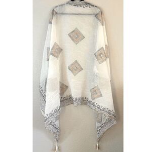 Flowy white black and gold gauzy large wrap scarf with tassels